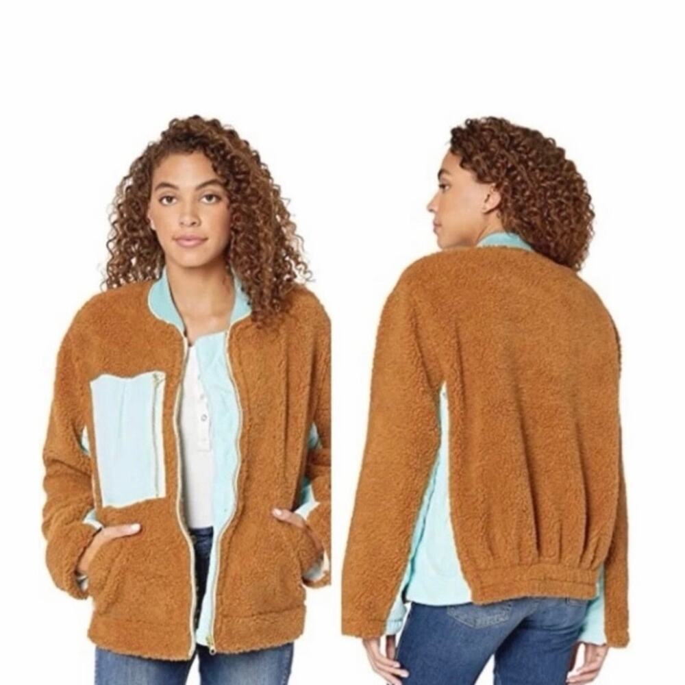 Free People We The Free Rivington Sherpa Jacket LG Amber Full Zip Oversized